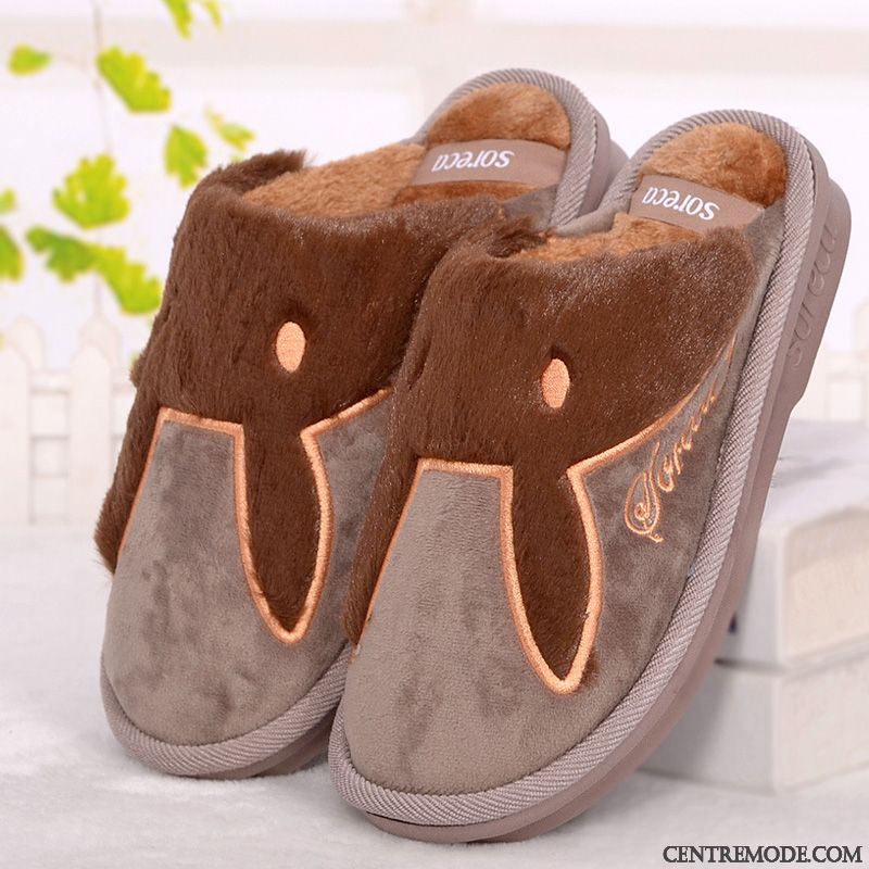 Chaussons Homme De Maison Renforcé Matelassé Femme Hiver Dessin Animé Marron Clair