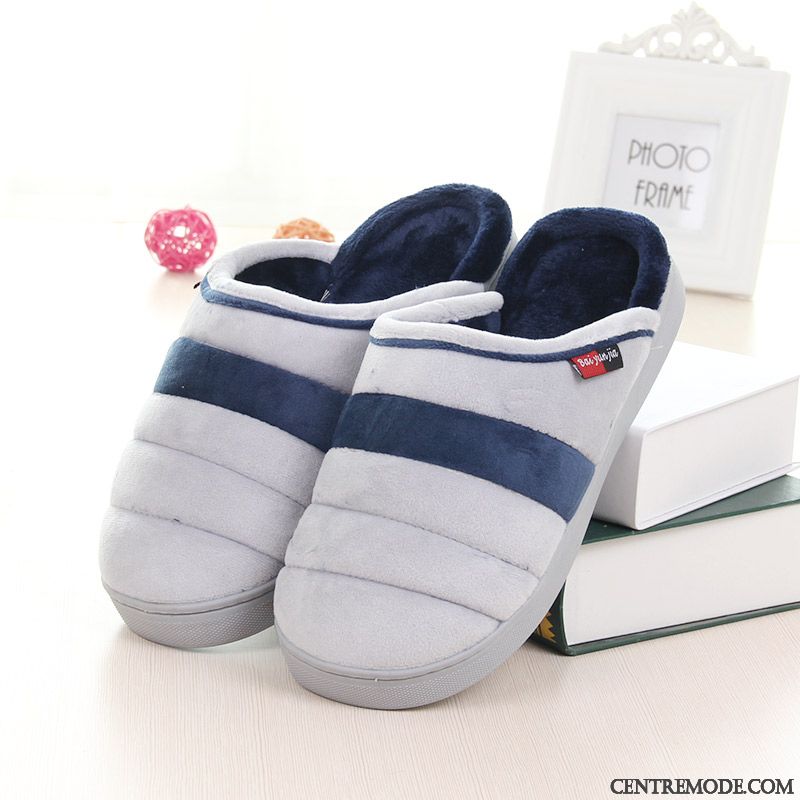 Chaussons Homme Semelle Doux Antidérapant De Maison Chauds Matelassé Intérieur Bleu