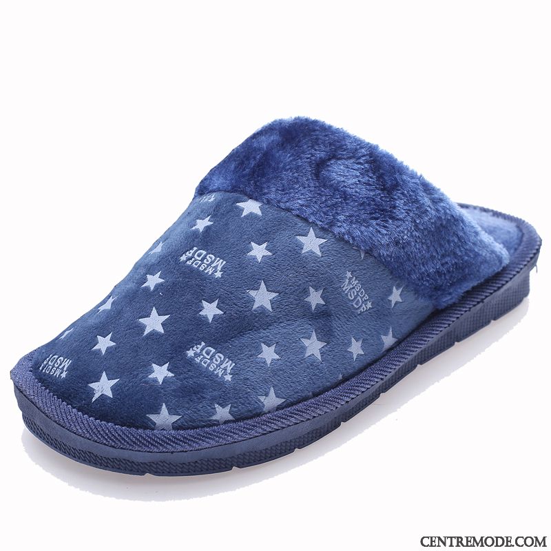 Chaussons Homme Semelle Épaisse Chauds Fantaisie Tongs Chaussons Intérieur Femme Bleu