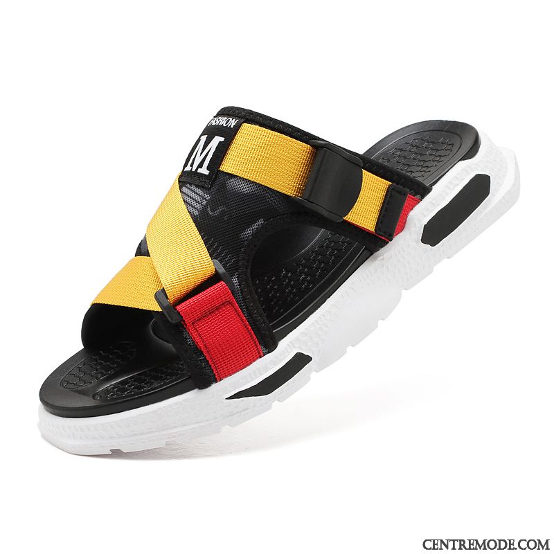 Chaussons Homme Tendance Personnalité Été Semelle Doux Tongs Chaussons De Plein Air Jaune