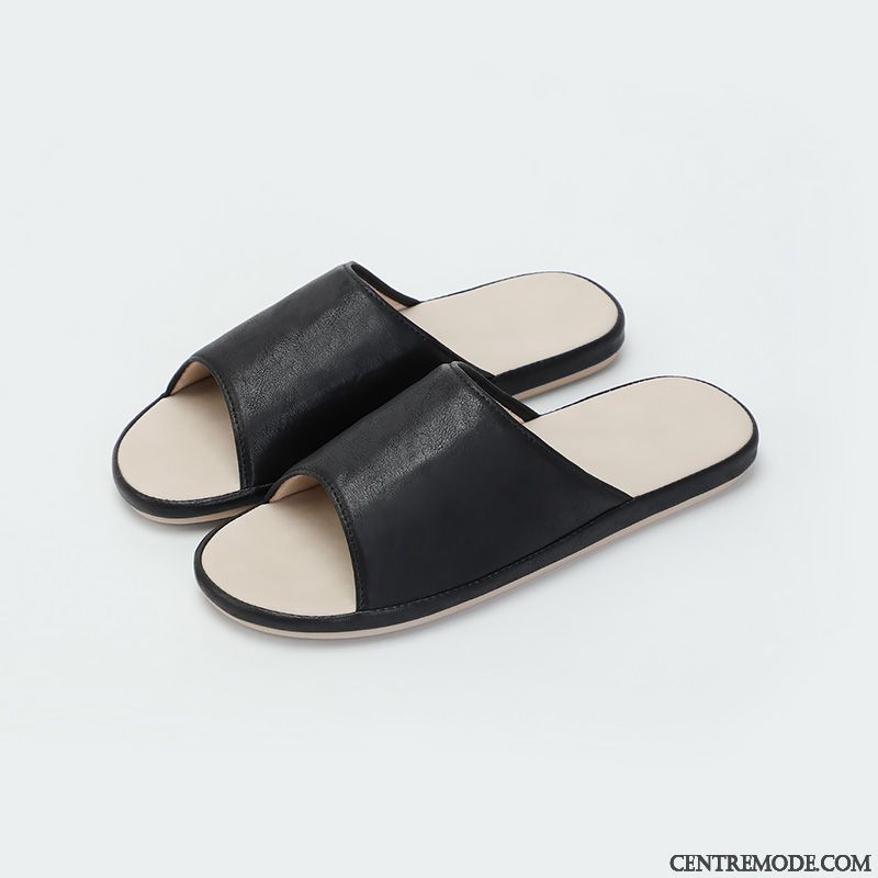 Chaussons Homme Été Femme Intérieur En Cuir Tongs Chaussons De Maison Noir
