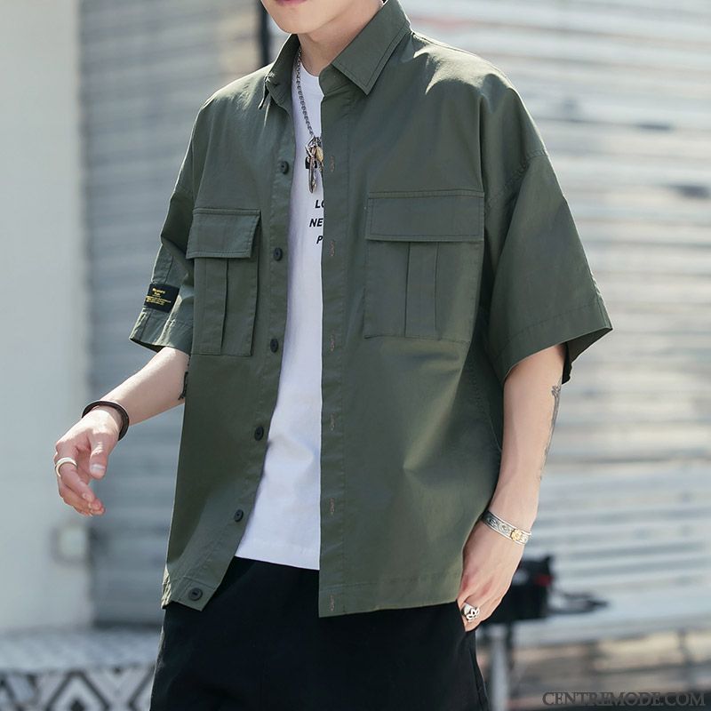 Chemises Homme Baggy Cargo Été Courte Manche Beau Rouge Vert
