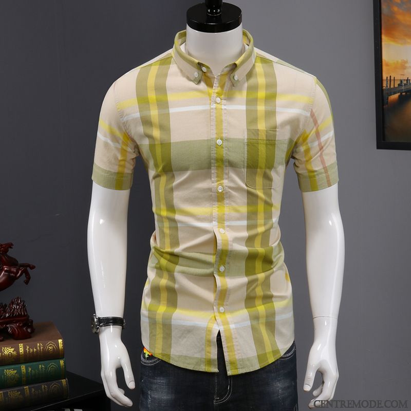 Chemises Homme Baggy Grande Taille De Travail Courte Coton Bio Été Jaune