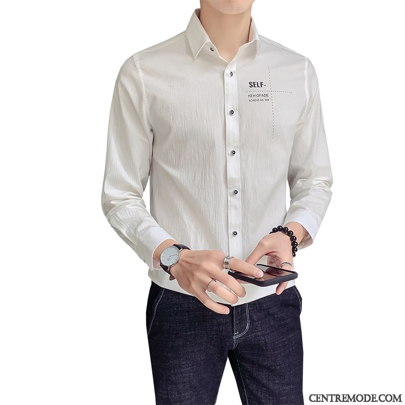 Chemises Homme Beau Longues Printemps Slim Légère Tendance Blanc