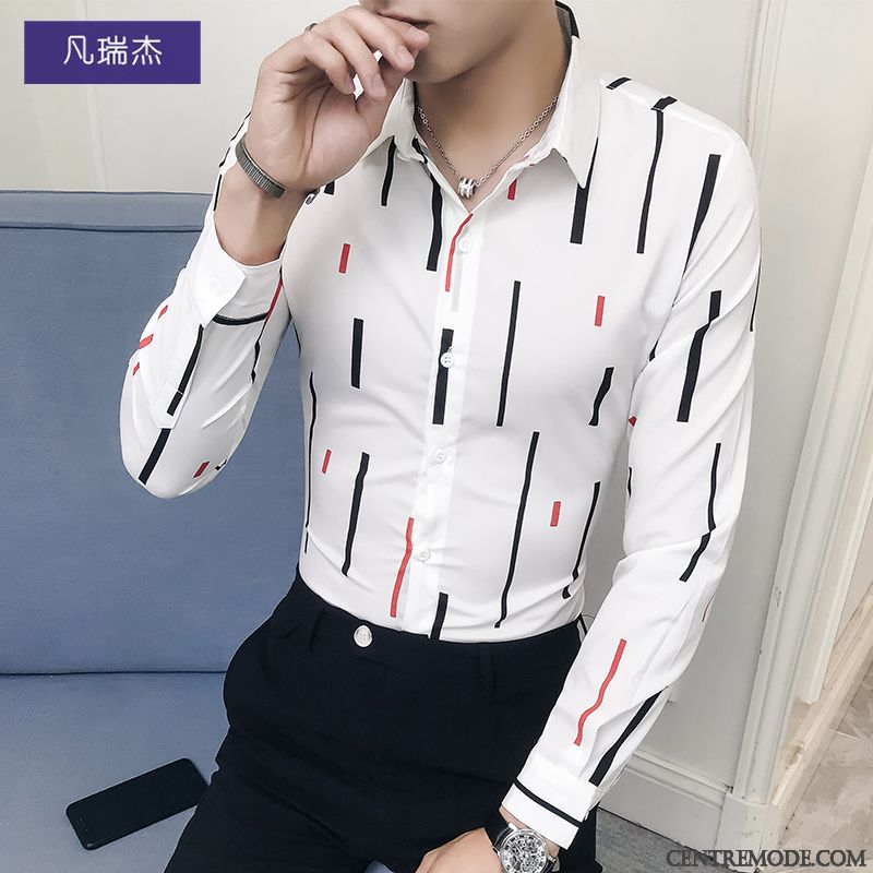 Chemises Homme Beau Personnalité Rayé Jeunesse Slim Longues Impression Blanc