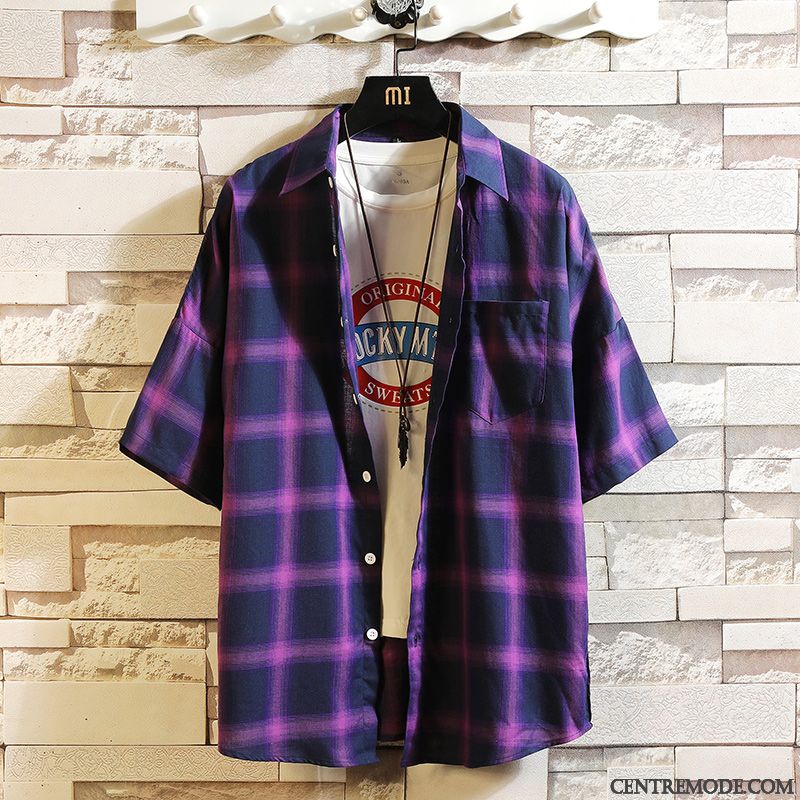 Chemises Homme Carreaux Été Les Adolescents Tendance Chemisette Demi Manche Blanc Violet