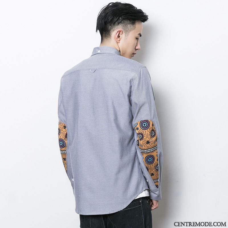 Chemises Homme Chemise En Bas Rétro Tendance Épissure Longues Printemps Bleu Noir Gris