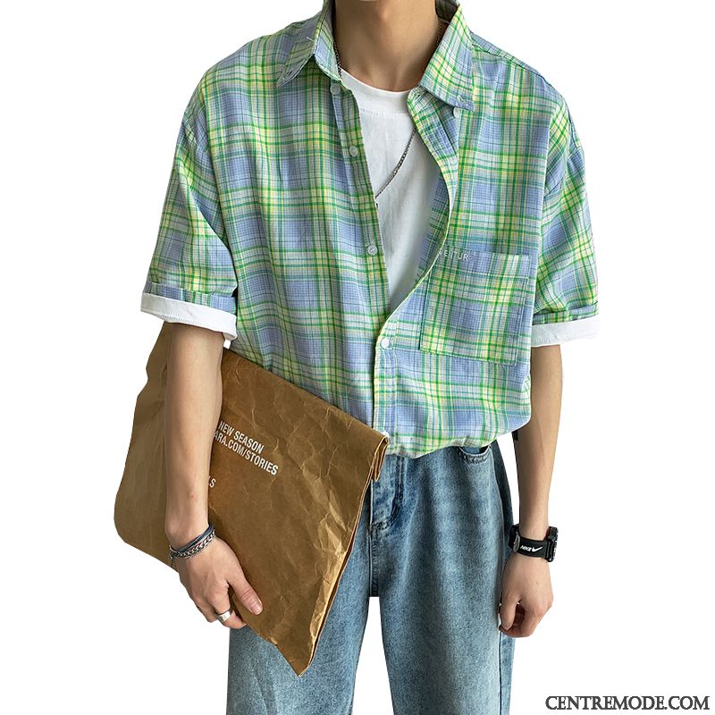 Chemises Homme Chemisette Carreaux Été Une Veste Tendance Baggy Vert