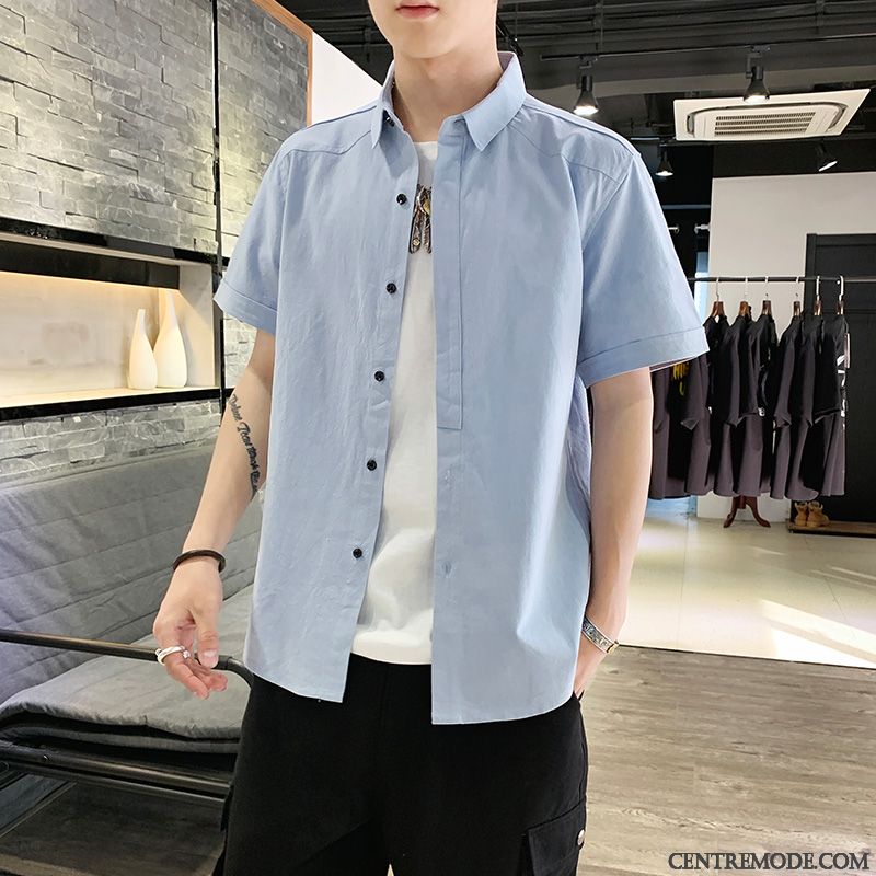 Chemises Homme Chemisette Tendance Cargo Beau Slim Décontractée Impression Bleu Blanc