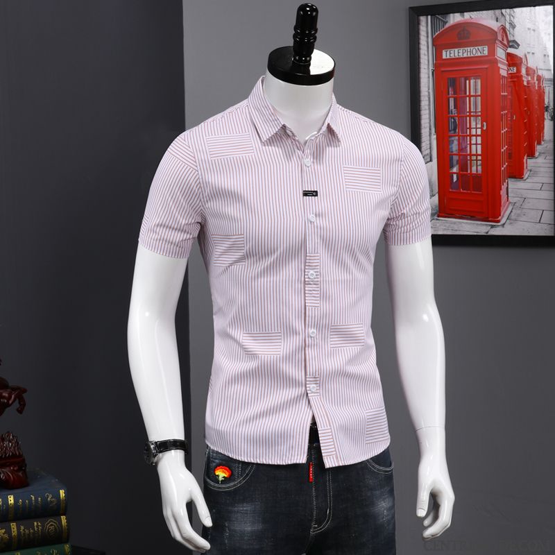 Chemises Homme Demi Manche Une Veste Slim Légère Tendance Beau Rose