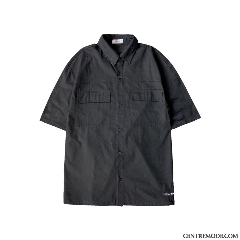 Chemises Homme Décontractée Cargo Baggy Manche Chemisette Tendance Noir Rouge