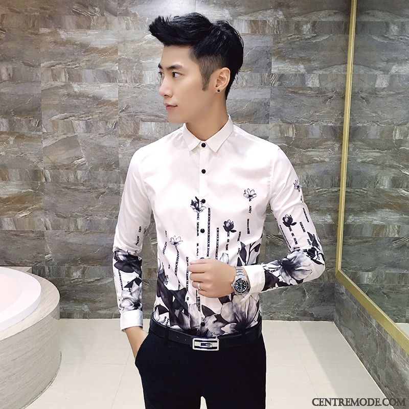 Chemises Homme Décontractée Longues Tendance Personnalité Fleur Mode Impression Blanc