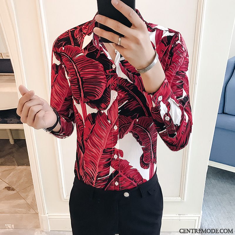Chemises Homme Fleur L'automne Beau Tendance Slim Longues Rouge