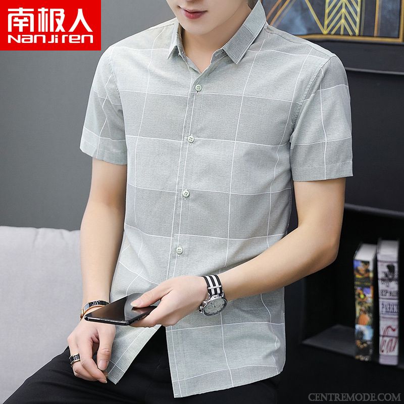 Chemises Homme Jeunesse Une Veste Demi Manche Chemisette Mince Printemps Gris