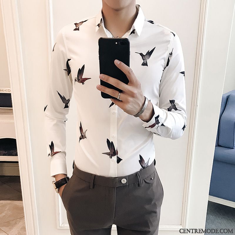 Chemises Homme L'automne Personnalité Jeunesse Slim Tendance Longues Impression Blanc