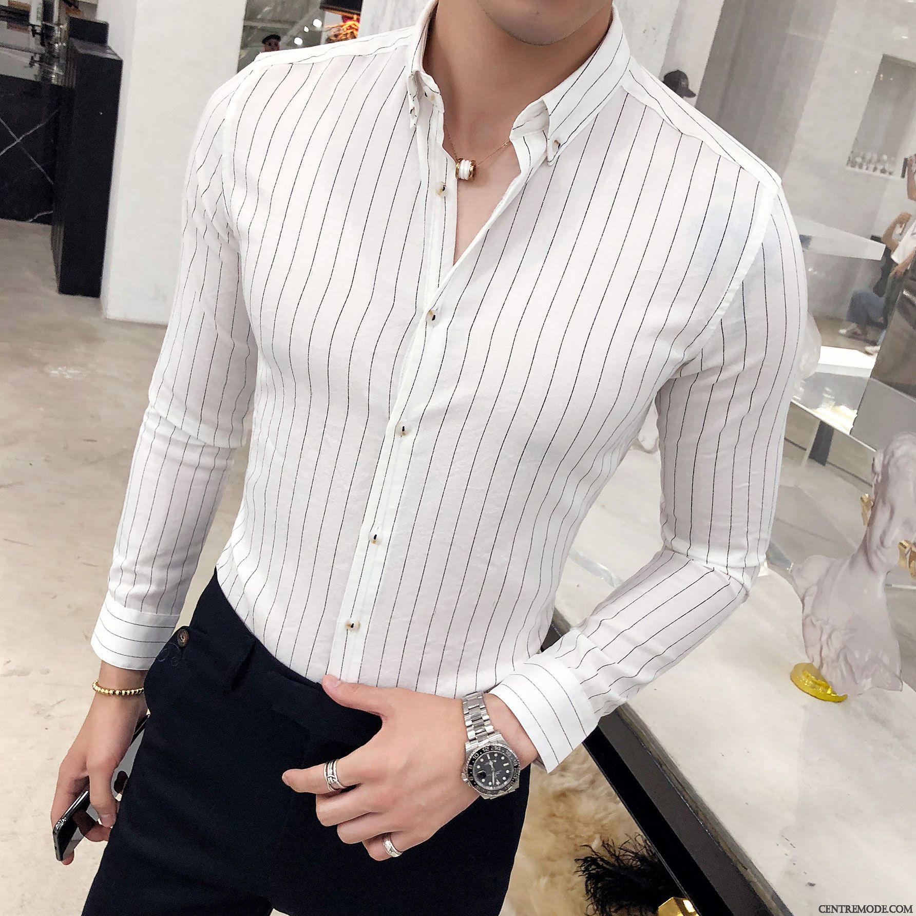 Chemises Homme Longues Décontractée Tendance Rayé Slim Mode Blanc