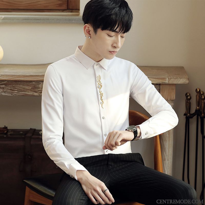 Chemises Homme Légère Slim L'automne Printemps Longues Tendance Blanc
