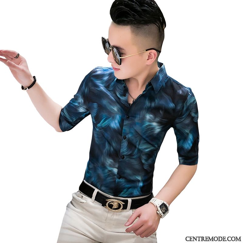 Chemises Homme Manche Marque De Tendance Courte Beau Fleur Été Bleu