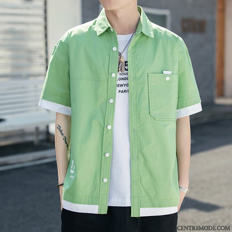 Chemises Homme Manche Étudiant Cargo Courte Beau Tendance Rouge Vert