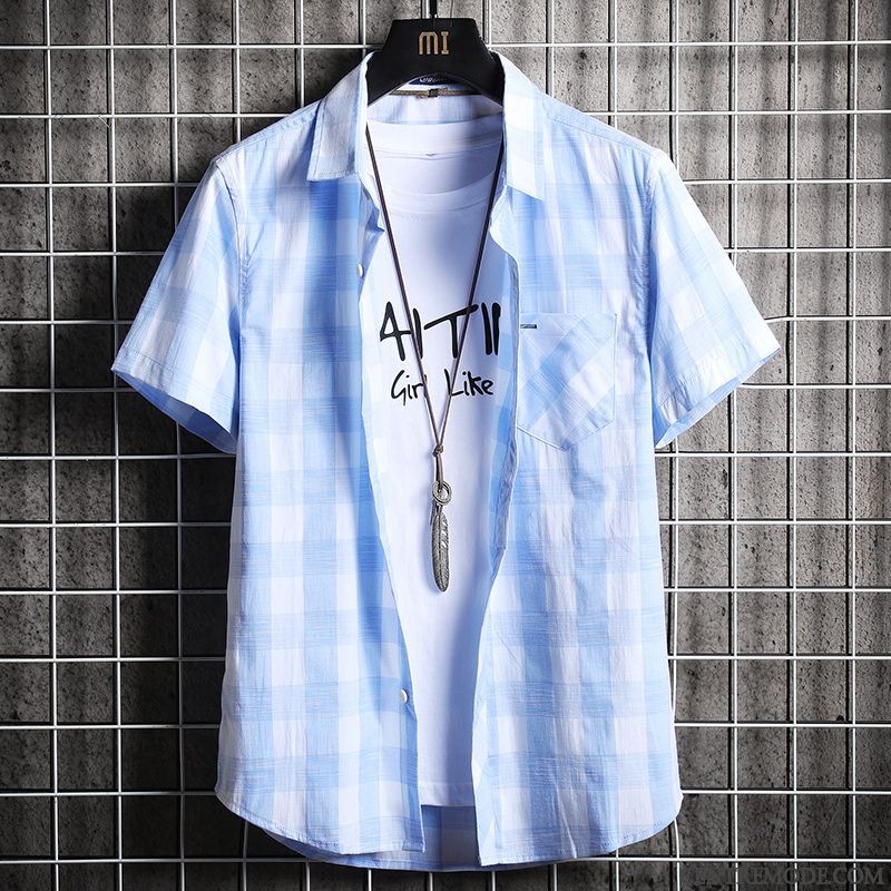 Chemises Homme Manteau Carreaux Baggy Décontractée Tendance Chemisette Bleu