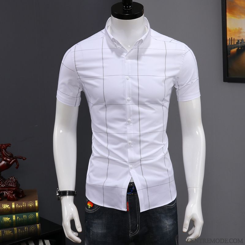 Chemises Homme Marque De Tendance Slim Courte Décontractée Été Beau Impression Blanc