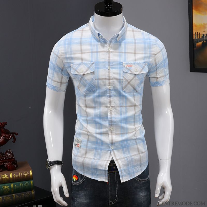 Chemises Homme Marque De Tendance Slim Matelassé Beau Courte Décontractée Bleu