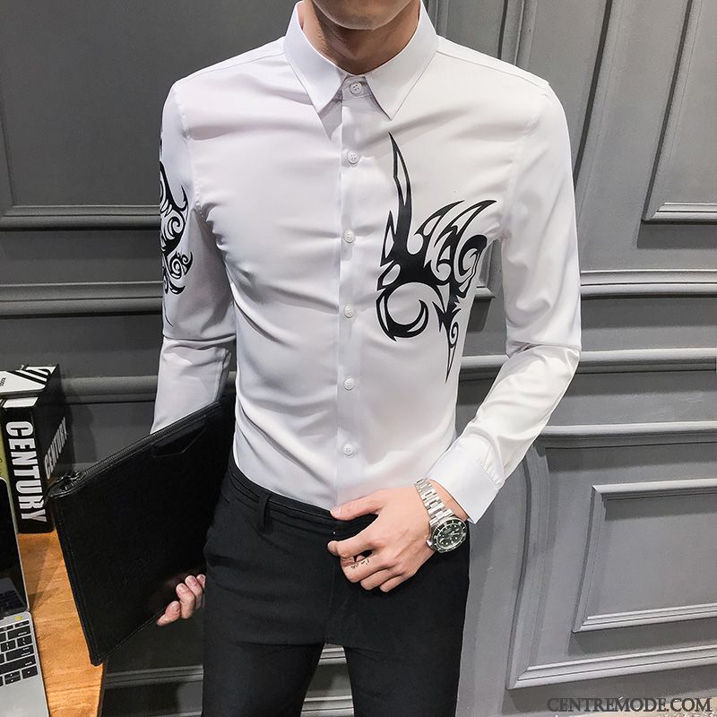 Chemises Homme Personnalité Longues Mode Printemps Tendance Impression Blanc