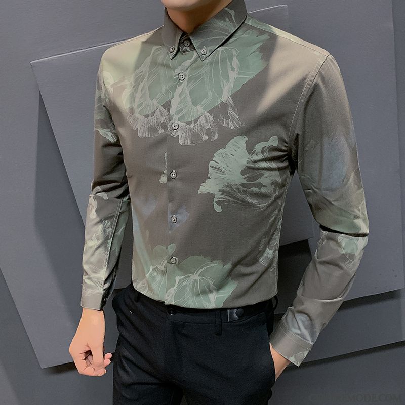 Chemises Homme Printemps Une Veste Personnalité Tendance Slim Décontractée Impression Vert