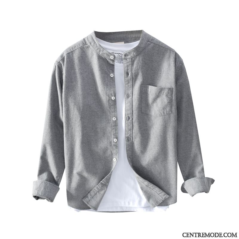 Chemises Homme Tendance Coton Bio Col Mandarin Printemps Longues Décontractée Gris