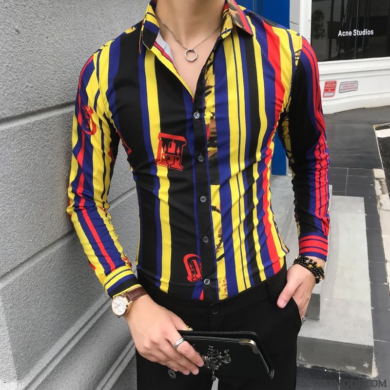 Chemises Homme Tendance Personnalité L'automne Longues Jeunesse Combinaison Impression Noir Jaune
