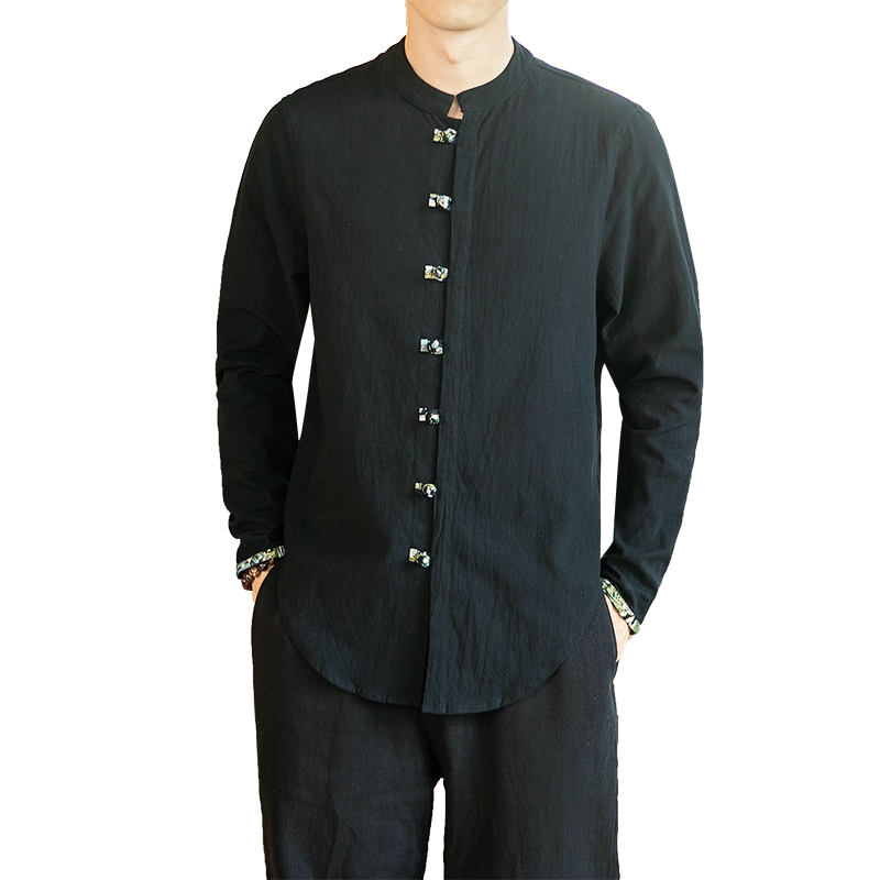 Chemises Homme Une Veste Chemise En Bas Style Chinois Longues Marque De Tendance Décontractée Noir