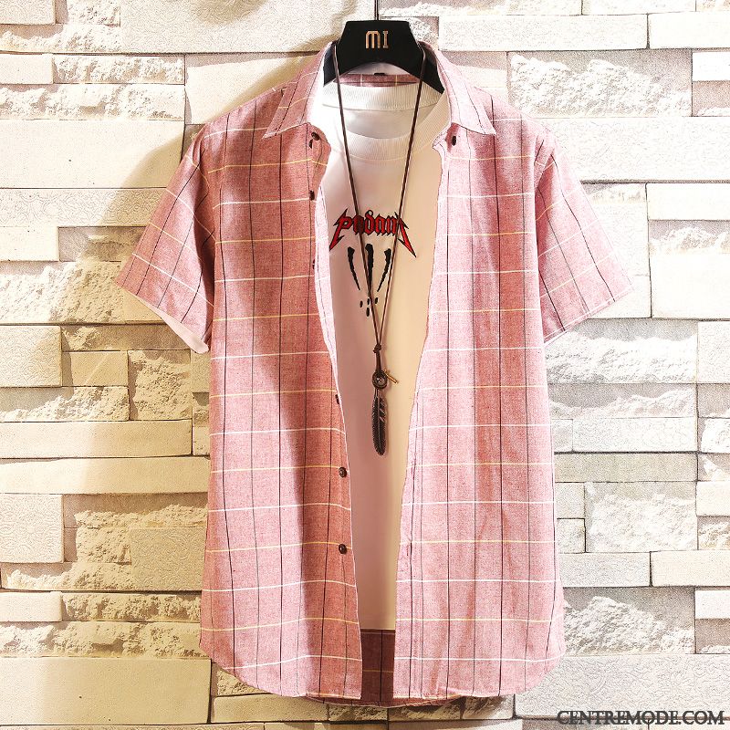 Chemises Homme Étudiant Slim Carreaux Chemisette Mince Tendance Rose