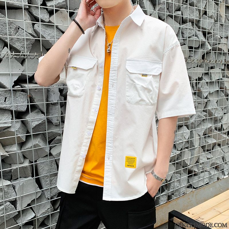 Chemises Homme Été Manche Courte Tendance Beau Étudiant Blanc