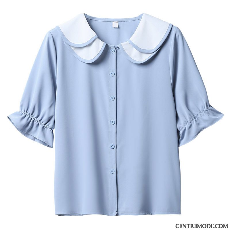 Chemisiers Femme Courte Chemise Ultra Été Manche Évasé Bleu