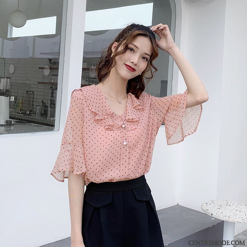 Chemisiers Femme Courte Ultra Été Mousseline De Soie Une Veste Point D'onde Rose