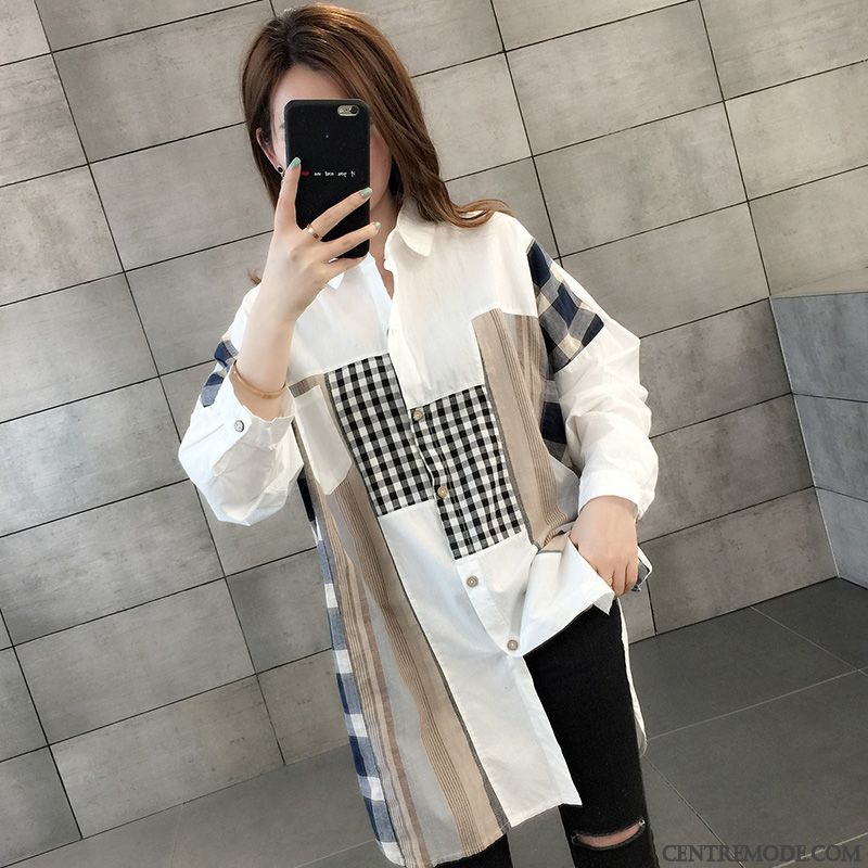 Chemisiers Femme L'automne Longues Chemise Une Veste Manteau Carreaux Blanc