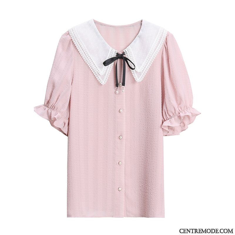 Chemisiers Femme Mousseline De Soie Courte Ultra Frais Été Doux Rose