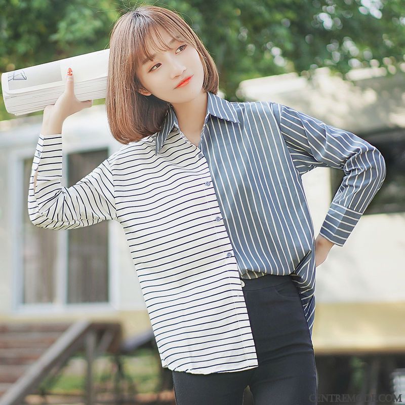 Chemisiers Femme Printemps Une Veste Rayé Étudiant L'automne Chemise Couleur De Contraste Bleu Blanc