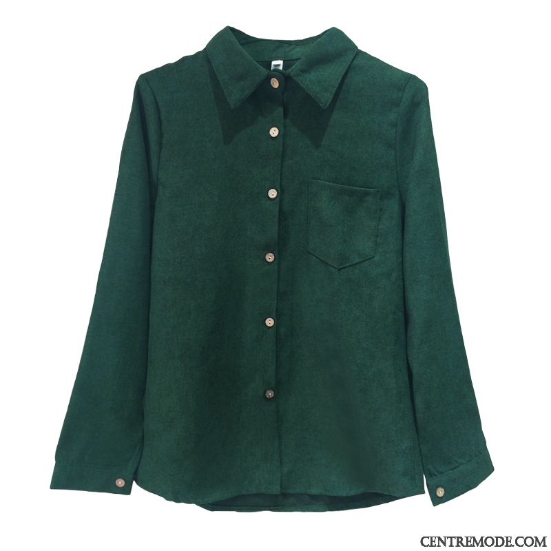 Chemisiers Femme Printemps Une Veste Velours Côtelé Baggy Chemise Longues Vert Foncé Pure