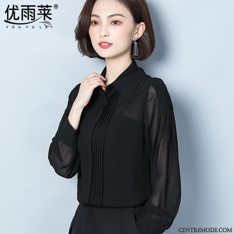 Chemisiers Femme Tendance Longues Chemise L'automne Mousseline De Soie Une Veste Noir
