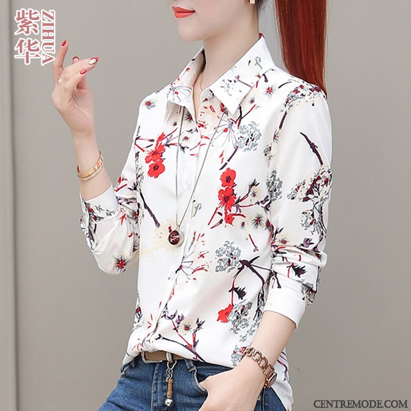 Chemisiers Femme Une Veste Floral Longues Mousseline De Soie Mode Rouge