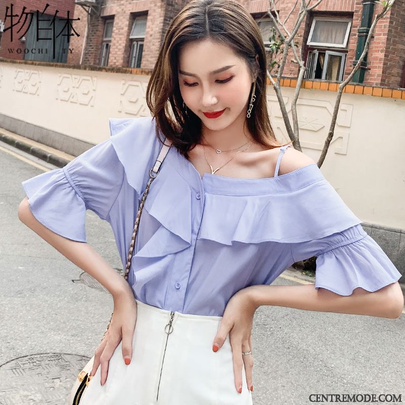 Chemisiers Femme Été Doux Mousseline De Soie Tendance Courte Mode Bleu