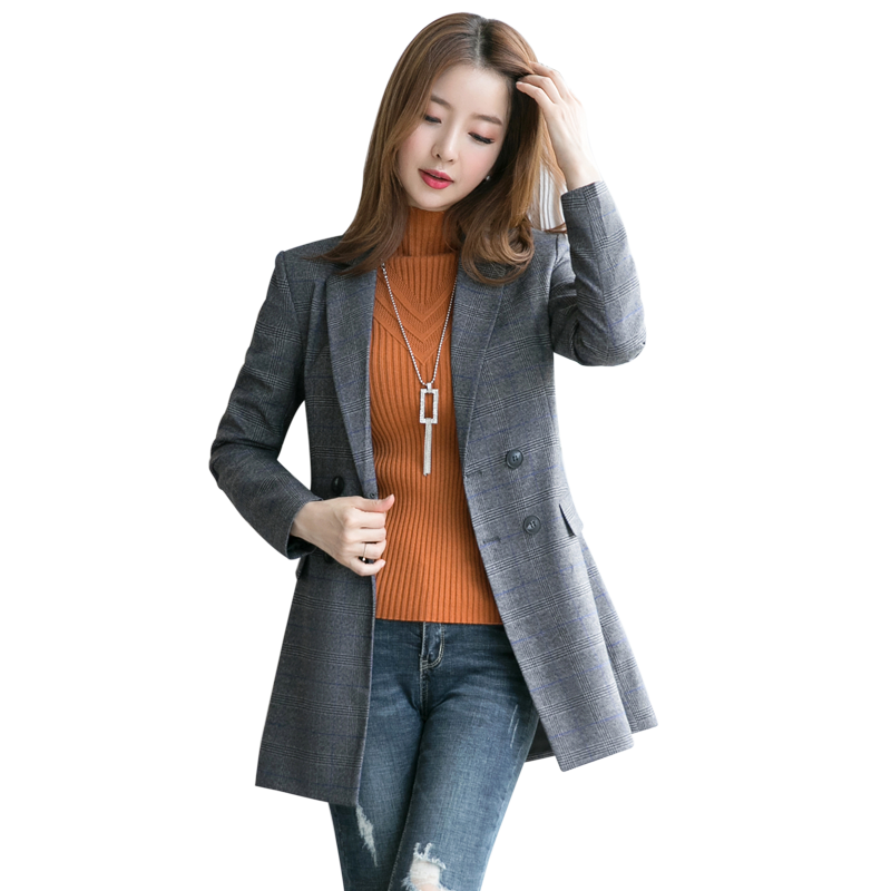 Costumes Blazer Femme Britanique Longue Rétro Mode Printemps Carreaux Gris Foncé