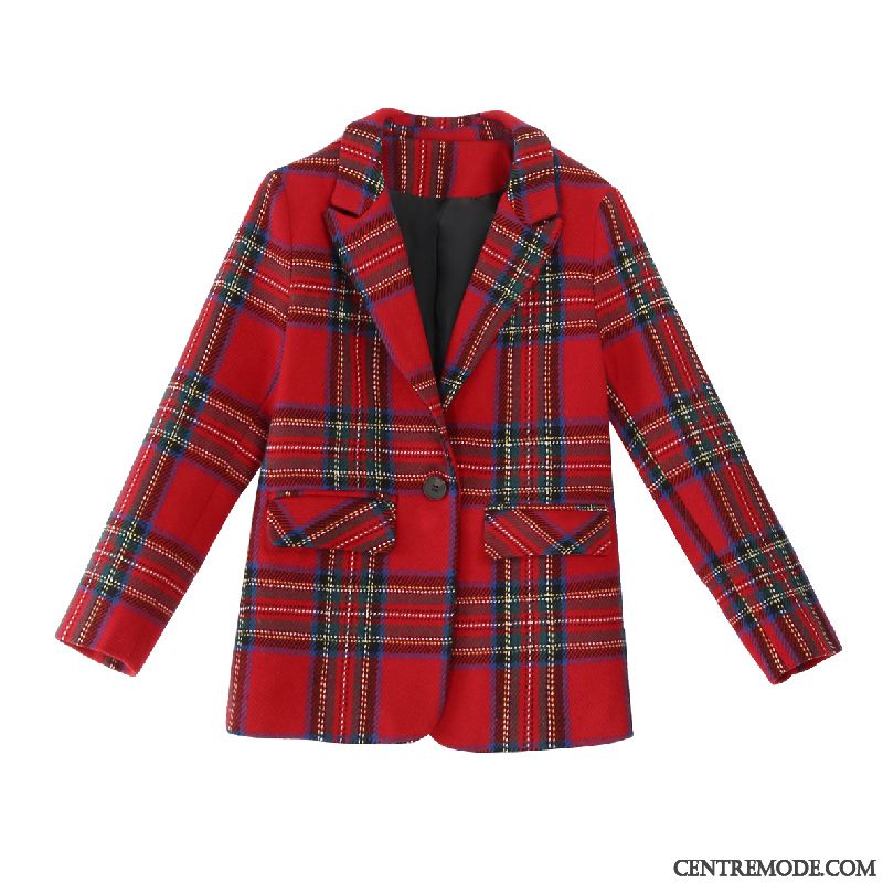 Costumes Blazer Femme Carreaux Vérifier Carreaux L'automne Décontractée Court Mode Rouge