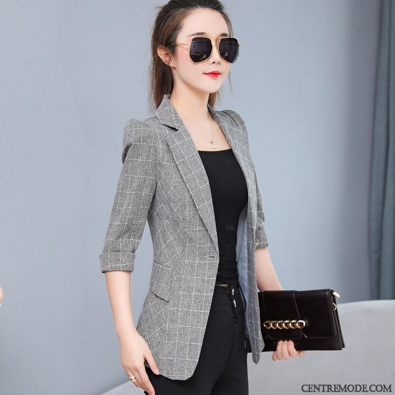 Costumes Blazer Femme Court Veste De Costume Été Une Veste Décontractée Carreaux Rouge Gris