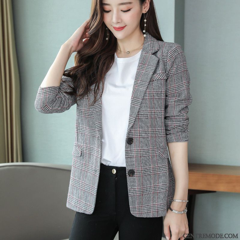 Costumes Blazer Femme Décontractée Petit Costume L'automne Manteau Printemps Carreaux Gris