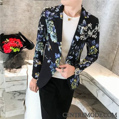 Costumes Blazer Homme Beau Les Adolescents Fleurs Tendance Slim Travailler Impression Noir