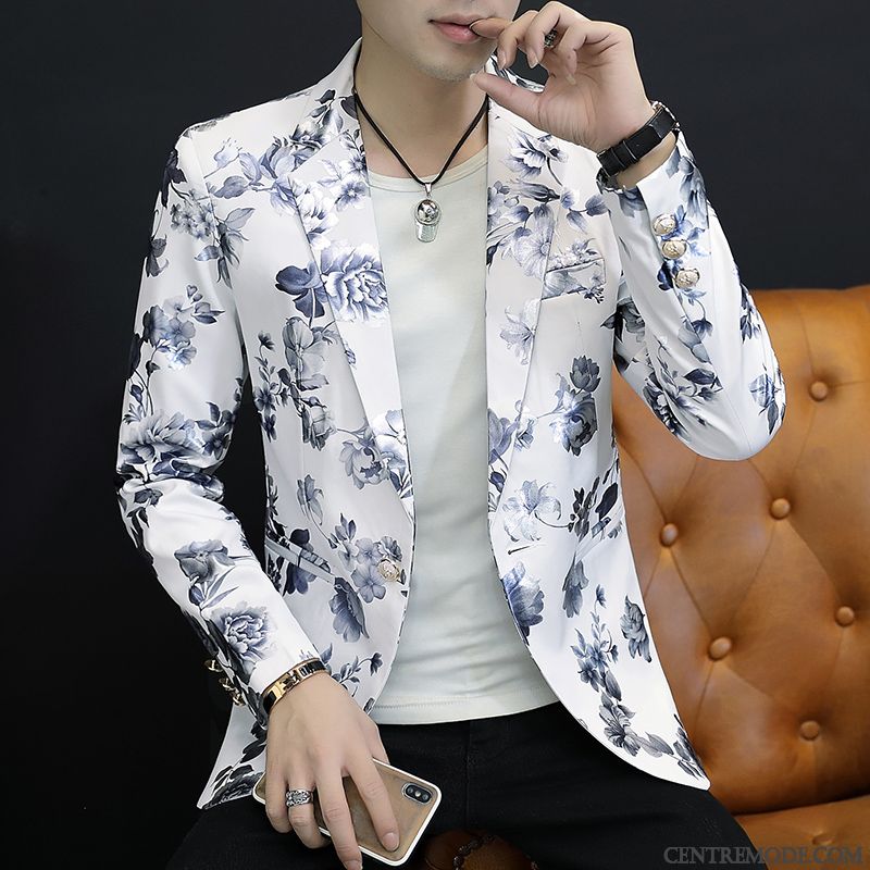 Costumes Blazer Homme Bouton À Une Rangée Slim Décontractée L'automne Floral Respirant Impression Blanc