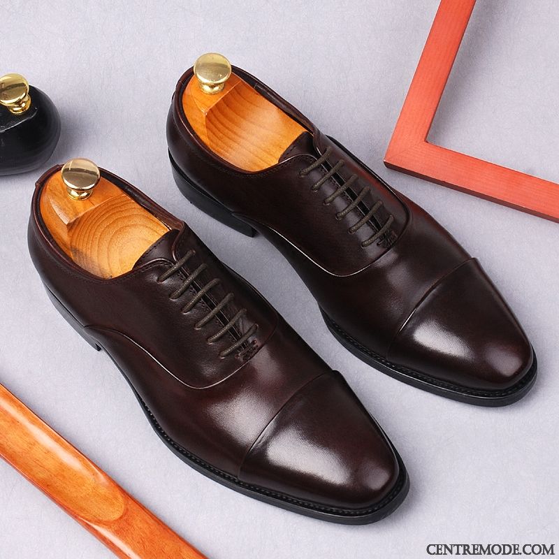 Derbies Homme Cuir Véritable Laçage Chaussures En Cuir Angleterre Pointe Pointue Costume Formel Marron