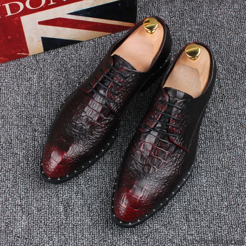 Derbies Homme Entreprise Laçage Angleterre Costume Formel Cuir Véritable L'automne Rouge